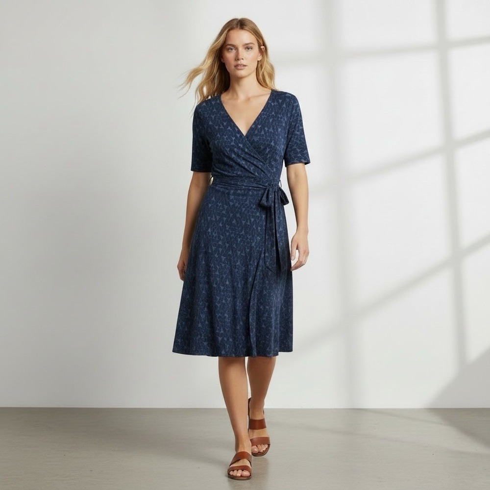Toad & Co Fit Flare Granola Girl Blue Cue Wrap Cafe Belted Pockets Knee Dress XL
